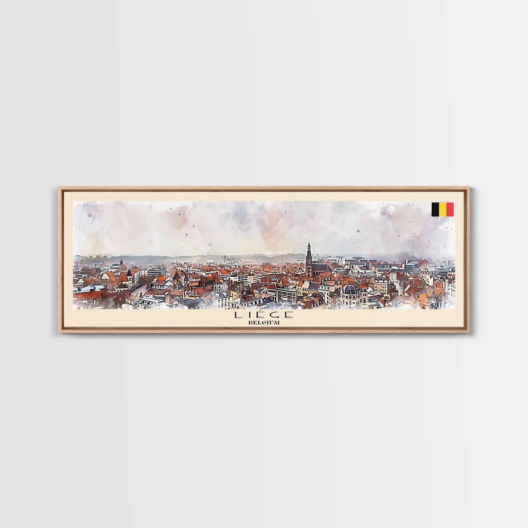 Liege Belgium Panoramic Travel Poster, Framed Canvas Print or Metal Wall Art, Travel Art, Home Decor, Panoramic Painting, Midcentury Art