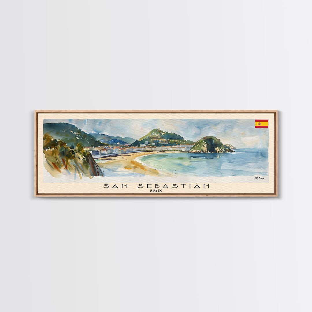 San Sebastian Spain Panoramic Travel Poster, Framed Canvas Print or Metal Wall Art, Travel Art, Home Decor, Panoramic Painting, Midcentury Art