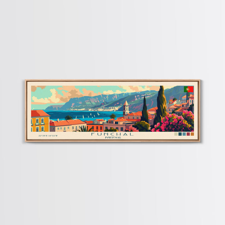 Funchal Portugal Travel Print Wall Art, Panoramic City Art, Travel Art, Wall Decor, Vacation Gift, Framed Canvas Print Or Metal Art