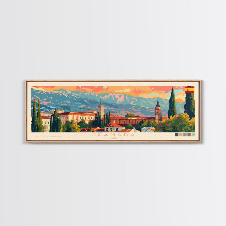Granada Spain Panoramic Travel Poster, Framed Canvas Print or Metal Wall Art, Travel Art, Home Decor, Panoramic Painting, Midcentury Art