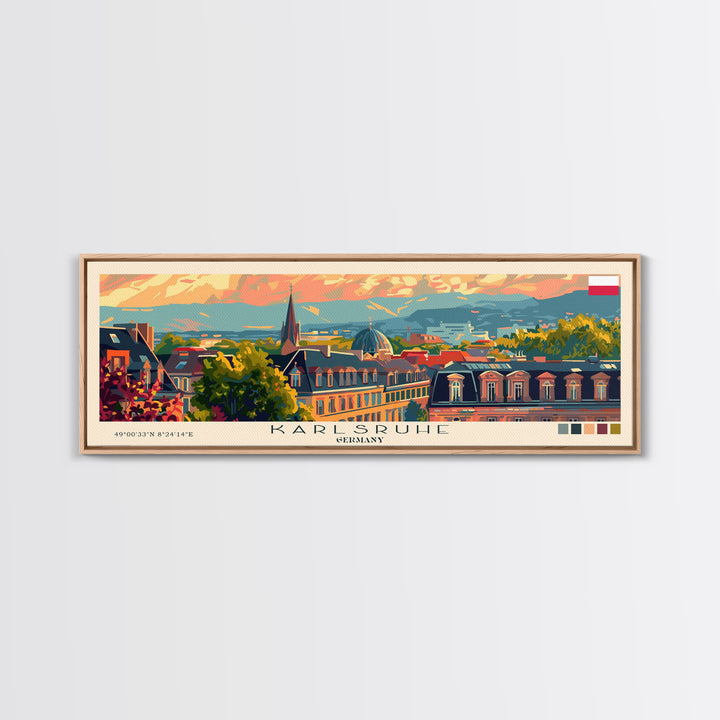 Karlsruhe Germany Panoramic Travel Poster, Framed Canvas Print or Metal Wall Art, Travel Art, Home Decor, Panoramic Painting, Midcentury Art