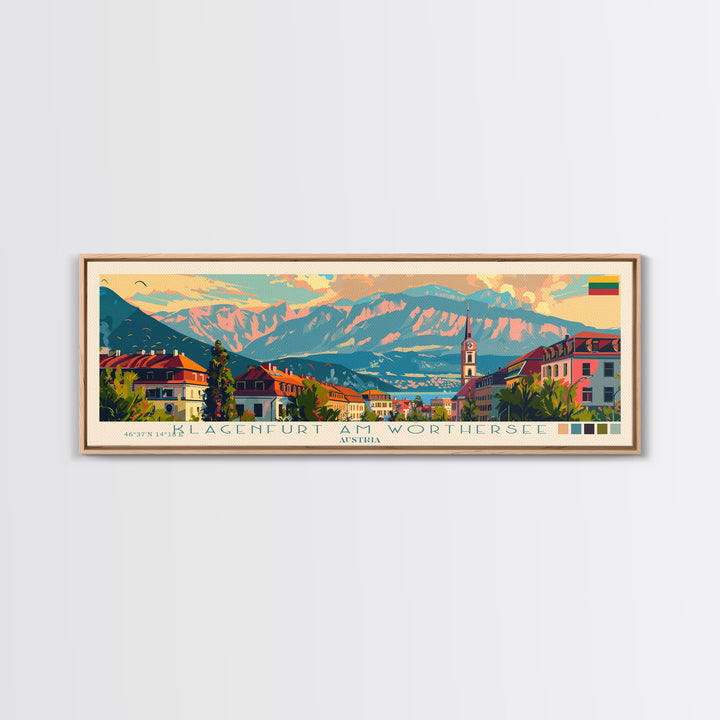 Klagenfurt Austria Panoramic Travel Poster, Framed Canvas Print or Metal Wall Art, Travel Art, Home Decor, Panoramic Painting, Midcentury Art