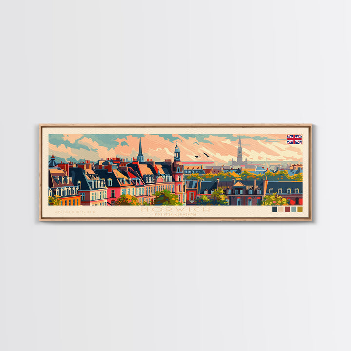 Norwich United Kingdom Panoramic Travel Poster, Framed Canvas Print or Metal Wall Art, Travel Art, Home Decor, Panoramic Painting, Midcentury Art
