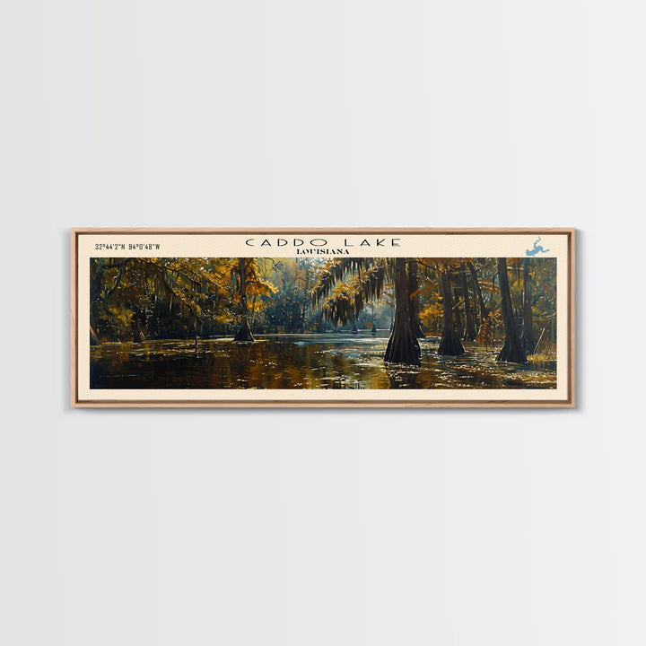 Caddo Lake Louisiana Framed Canvas Print, Lake House Decor, Panoramic Wall Art, Travel Poster, Rustic Lake Painting, Nature Art