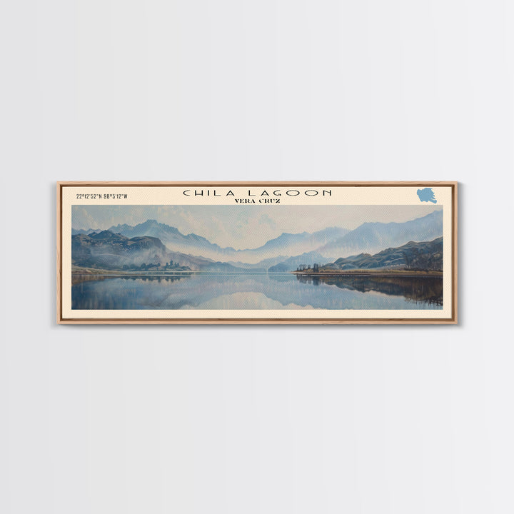 Chila Lagoon Framed Canvas Print, Panoramic Lake House Decor, Wide Wall Art, Travel Poster, Rustic Lake Painting, Home Decor