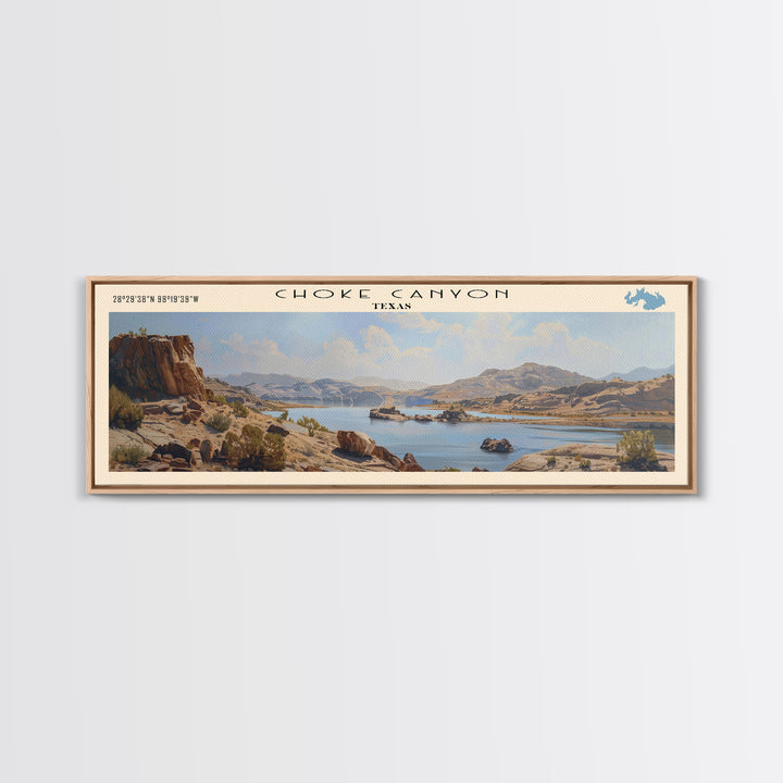 Choke Canyon Reservoir Framed Canvas Print, Panoramic Lake House Decor, Wide Wall Art, Travel Poster, Modern Lake Painting, Nature Art