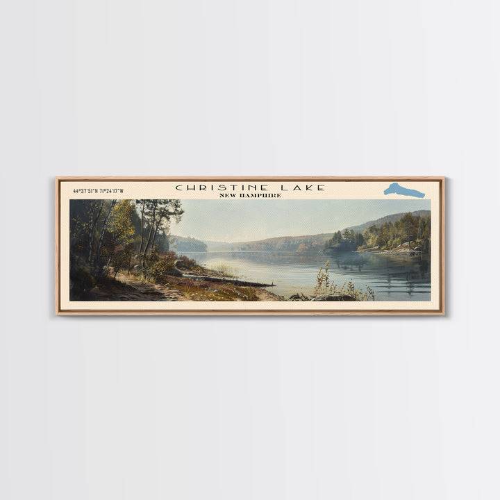 Christine Lake New Hampshire Framed Canvas Print, Lake House Art, Panoramic Wide Art, Travel Poster, Rustic Lake Painting, Home Decor