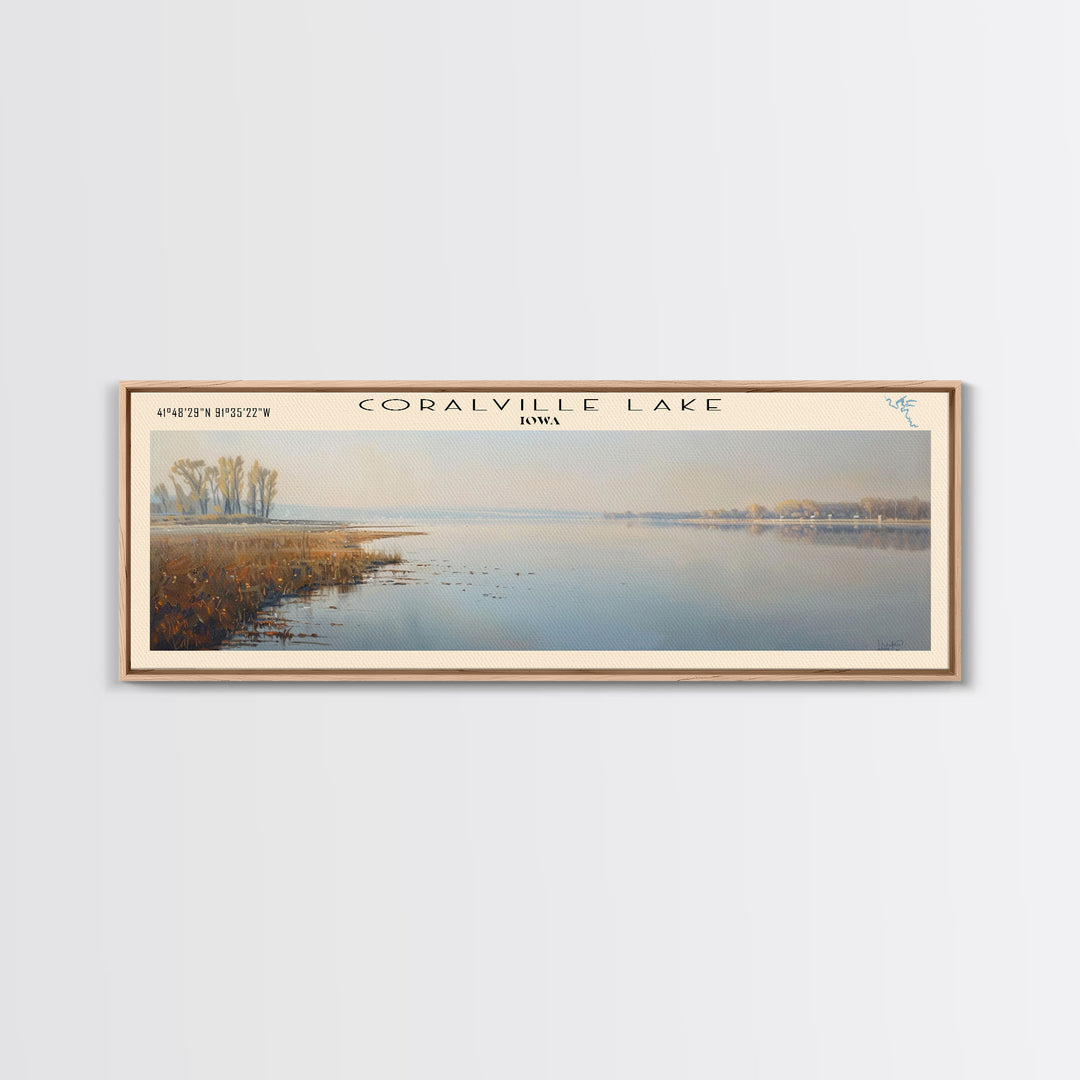 Coralville Lake Iowa Framed Canvas Print, Lake House Art, Panoramic Wide Art, Travel Poster, Modern Lake Painting, Nature Art
