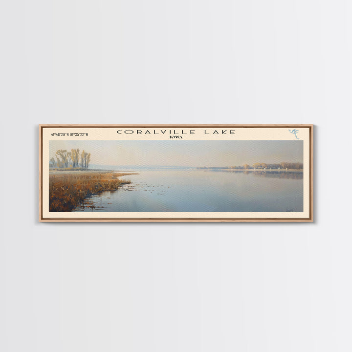 Coralville Lake Iowa Framed Canvas Print, Lake House Art, Panoramic Wide Art, Travel Poster, Modern Lake Painting, Nature Art