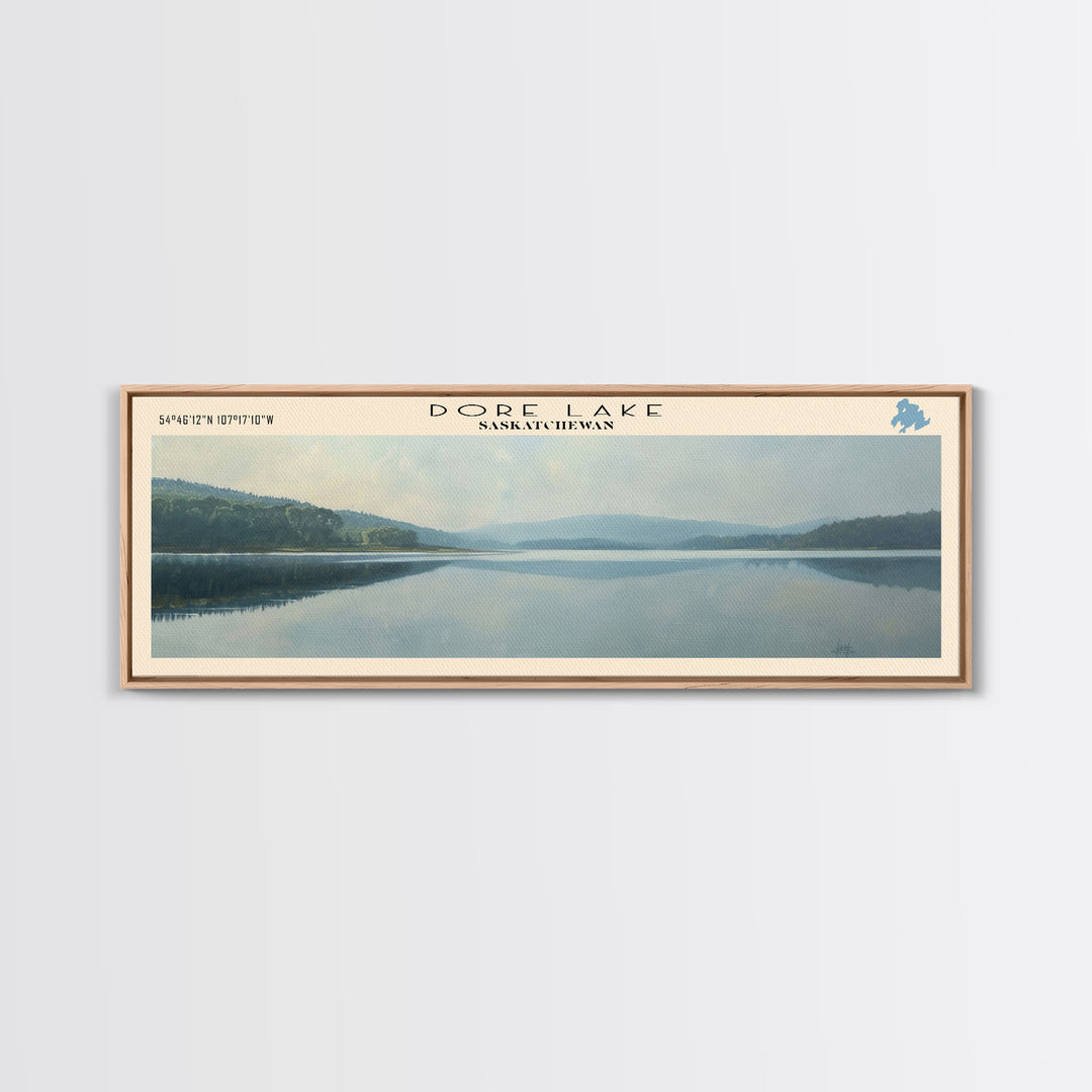 Dore Lake Framed Canvas Print, Lake House Decor, Panoramic Wall Art, Travel Poster, Rustic Lake Painting, Home Decor