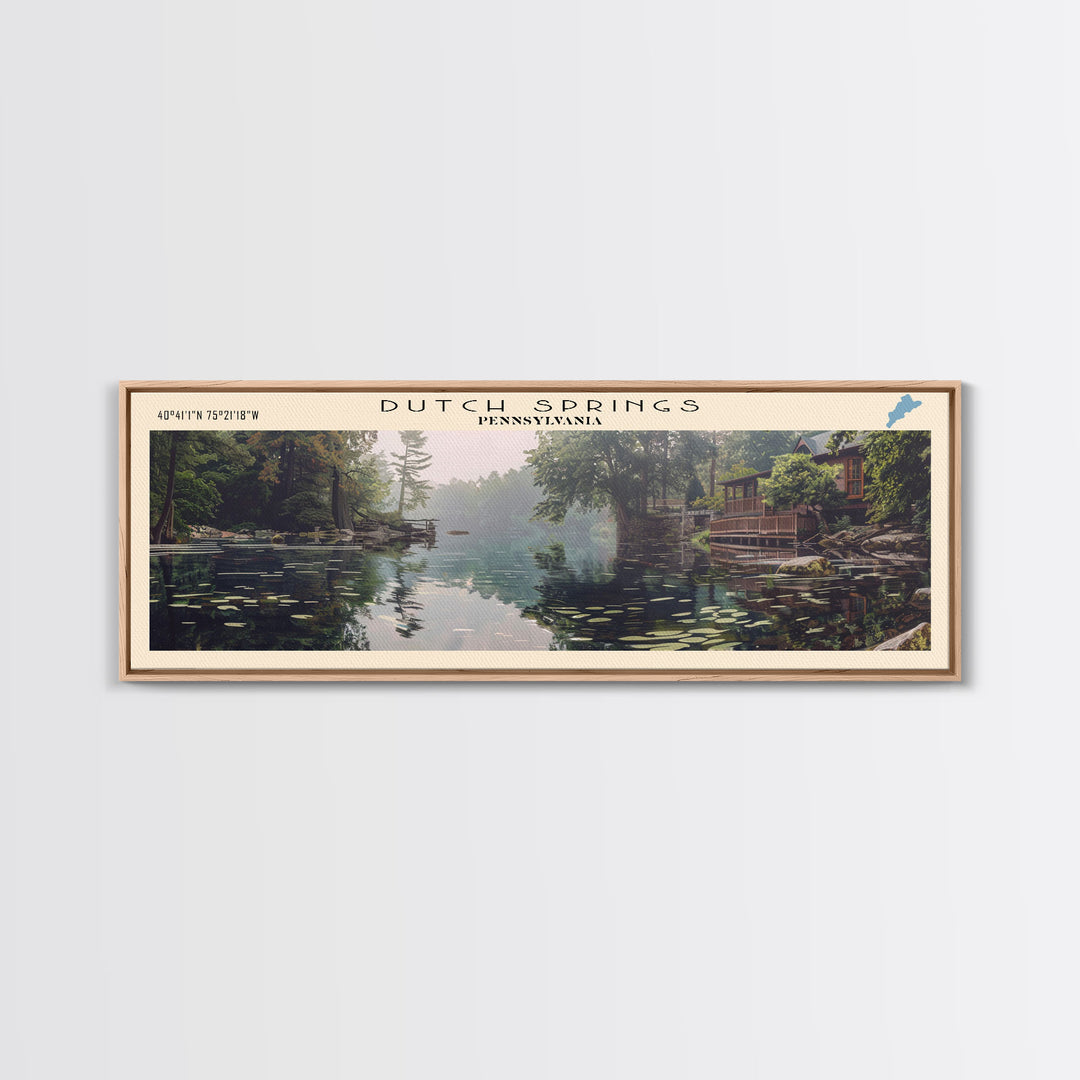 Dutch Springs Pennsylvania Framed Canvas Print, Lake House Art, Panoramic Wall Art, Travel Poster, Rustic Lake Painting, Home Decor