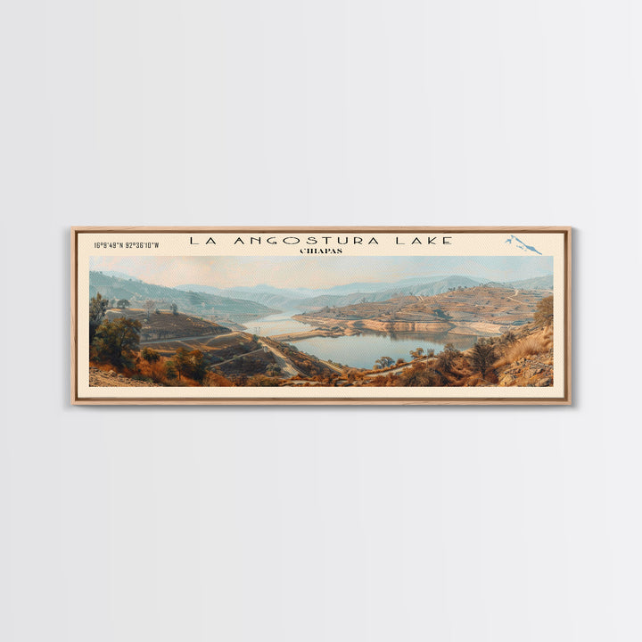 La Angustura Dam Framed Canvas Print, Lake House Art, Panoramic Wall Art, Travel Poster, Beautiful Lake Painting, Home Decor