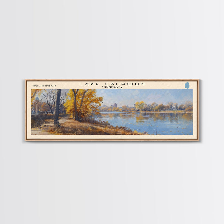 Lake Calhoun Minnesota Framed Canvas Print, Panoramic Lake House Decor, Wall Art, Travel Poster, Serene Lake Painting, Nature Art