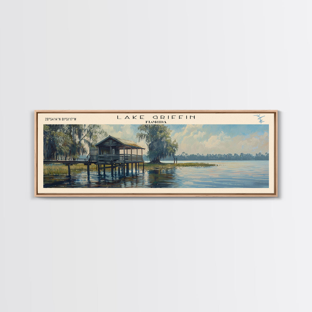 Lake Griffin Florida Framed Canvas Print, Lake House Decor, Panoramic Wall Art, Travel Poster, Beautiful Lake Painting, Nature Art