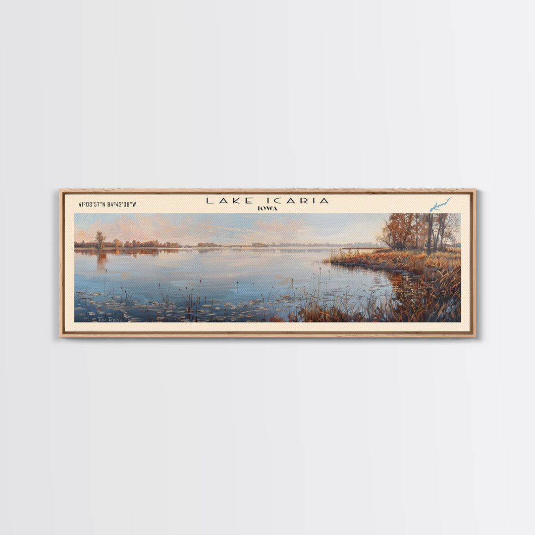 Lake Icaria Iowa Framed Canvas Print, Lake House Decor, Panoramic Wall Art, Travel Poster, Beautiful Lake Painting, Nature Art
