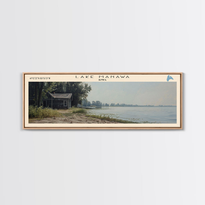 Lake Manawa Iowa Framed Canvas Print, Lake House Decor, Panoramic Wall Art, Travel Poster, Scenic Lake Painting, Rustic Art