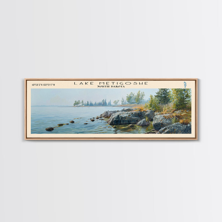 Lake Metigoshe North Dakota Framed Canvas Print, Lake House Decor, Panoramic Wall Art, Travel Poster, Serene Landscape Painting, Living Room Decor