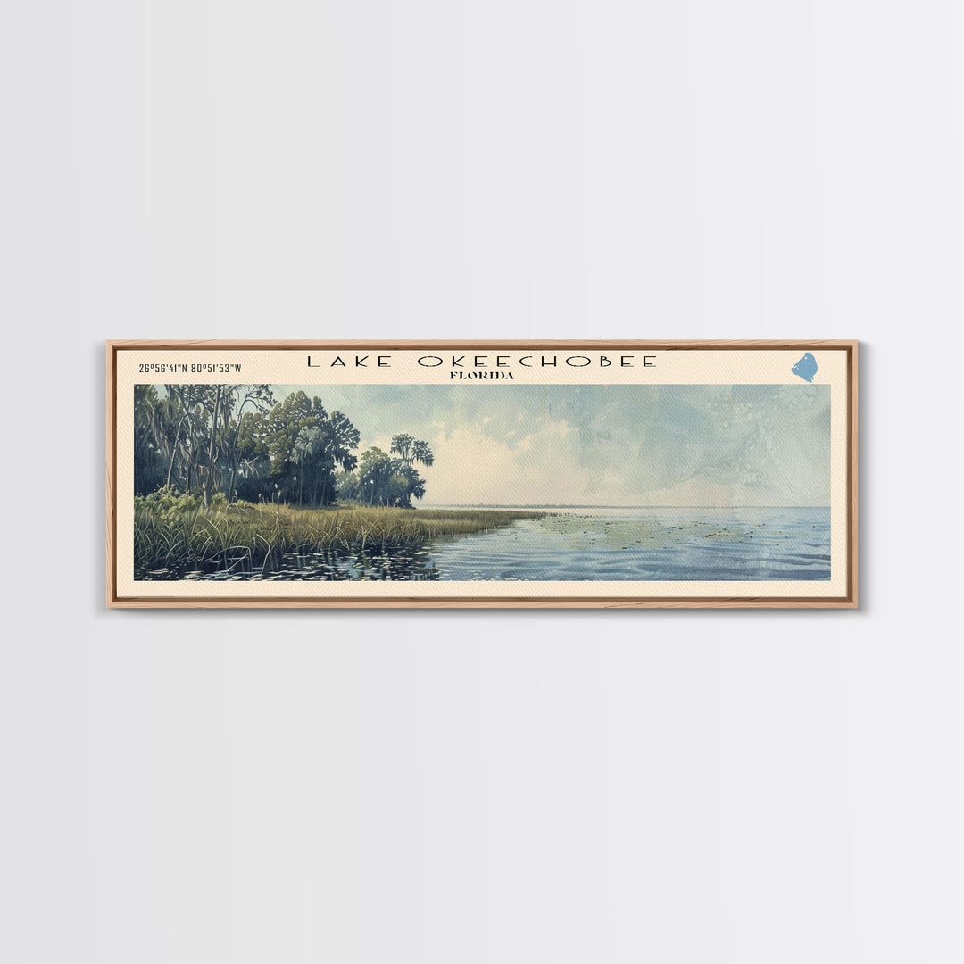 Lake Keechobee Framed Canvas Print, Lake House Decor, Panoramic Wall Art, Travel Poster, Serene Lake Painting, Nature Art