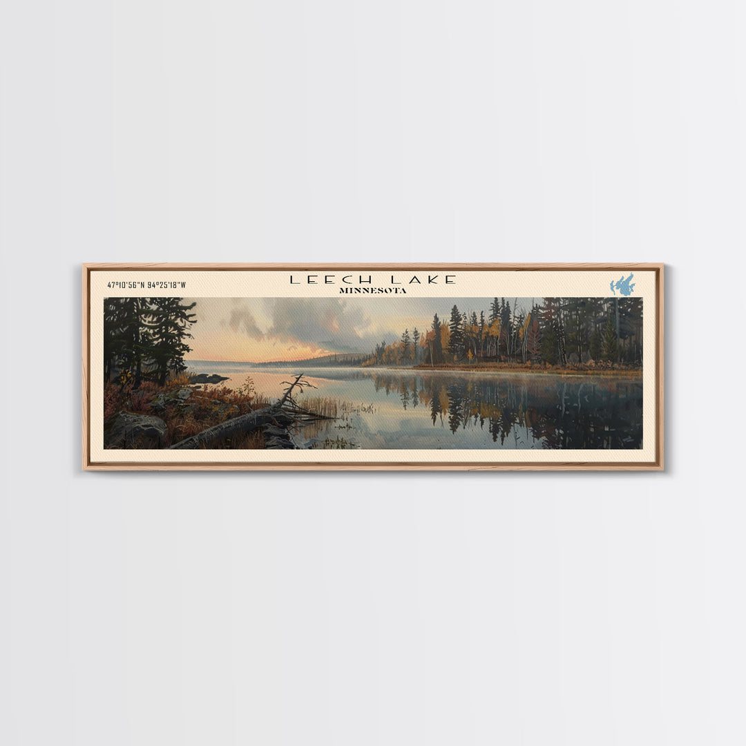 Leech Lake Framed Canvas Print, Lake House Decor, Panoramic Wall Art, Travel Poster, Landscape Painting, Cottage Art