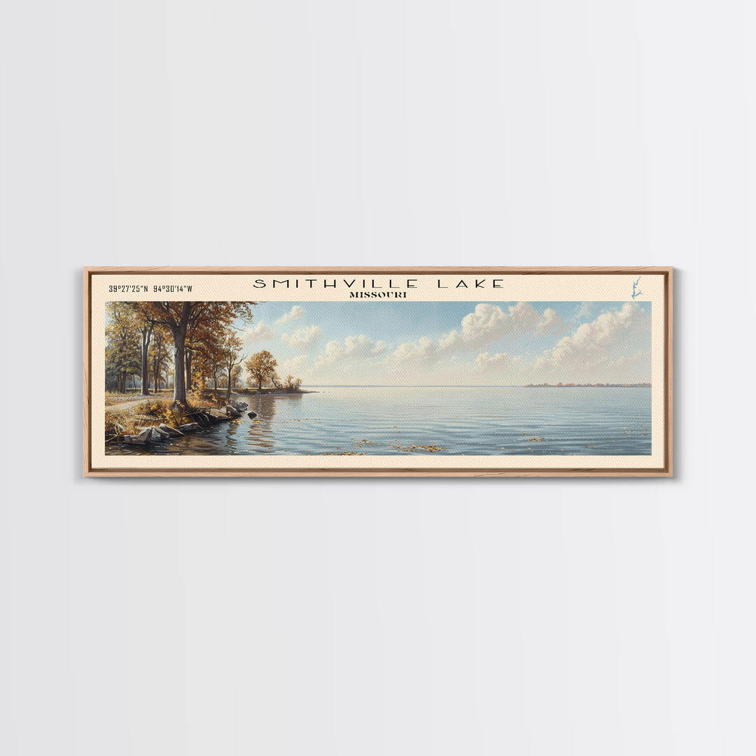 Smithville Lake Missouri Panoramic Framed Canvas Print, Lake House Decor, Wall Art, Travel Poster, Serene Lake Painting, Living Room Decor