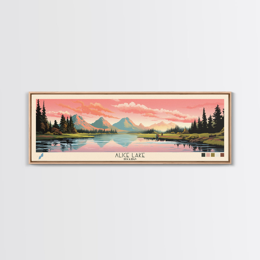 Alice Lake Idaho Framed Canvas Print, Panoramic Wall Art, Midcentury Modern, Pop Art, Travel Poster, Lake House Decor