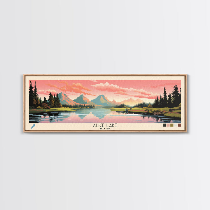 Alice Lake Idaho Framed Canvas Print, Panoramic Wall Art, Midcentury Modern, Pop Art, Travel Poster, Lake House Decor