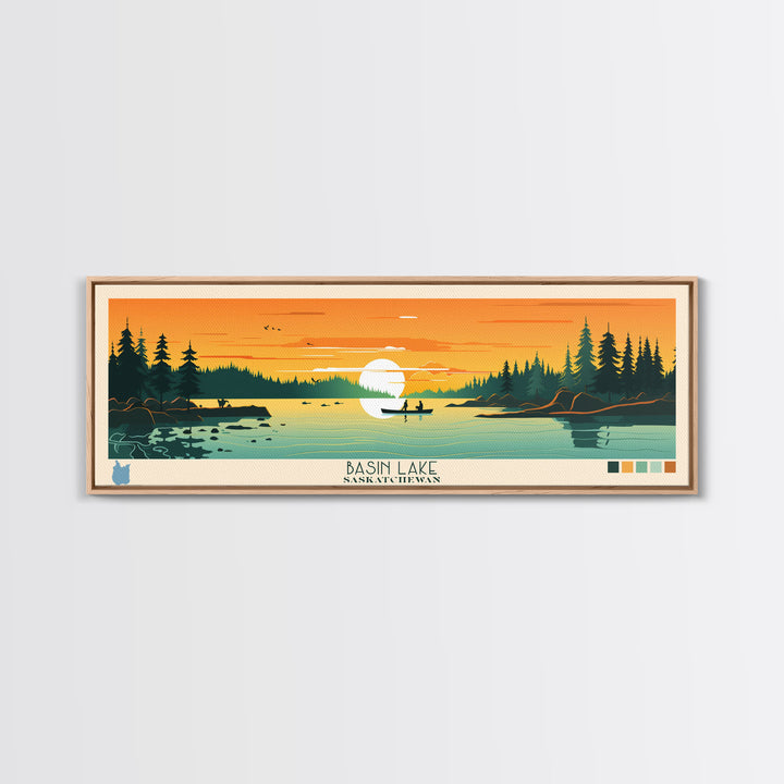 Basin Lake Saskatchewan Framed Canvas Print, Panoramic Wall Art, Midcentury Modern Lake House Decor, Pop Art, Travel Poster, Scenic Living Room Art