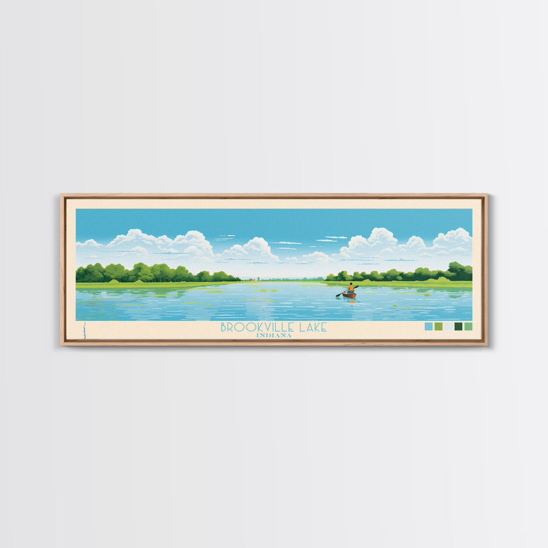 Brookville Lake Indiana Framed Canvas Print, Midcentury Modern Panoramic Wall Art, Living Room Decor, Pop Art, Travel Poster Art, Nature Painting