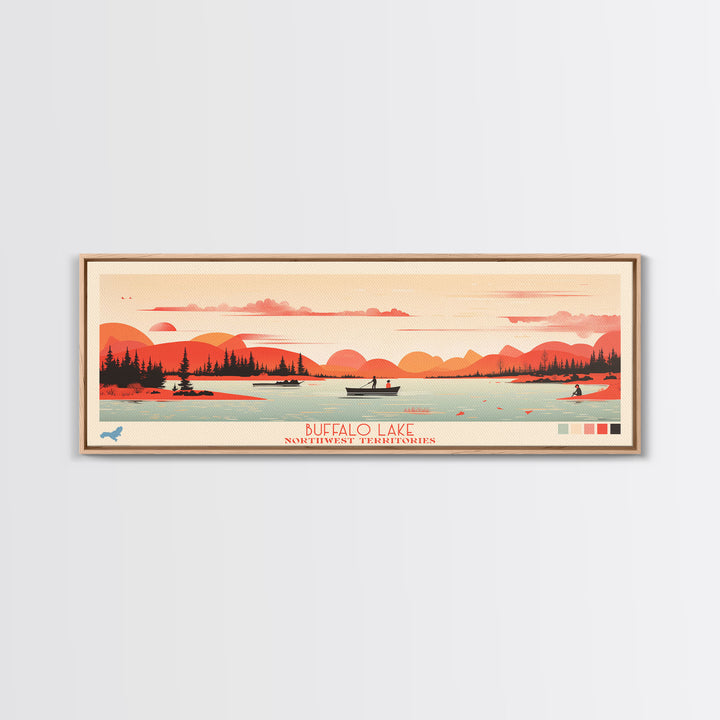 Buffalo Lake Northwest Territories Framed Canvas Print, Pop Art Panoramic Travel Poster, Midcentury Modern, Wall Art, Scenic Nature Painting, Bedroom Decor