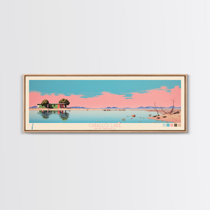 Caballo Lake New Mexico Framed Canvas Print, Midcentury Modern Panoramic Wall Art, Living Room Decor, Pop Art, Travel Poster Art, Scenic Nature Painting