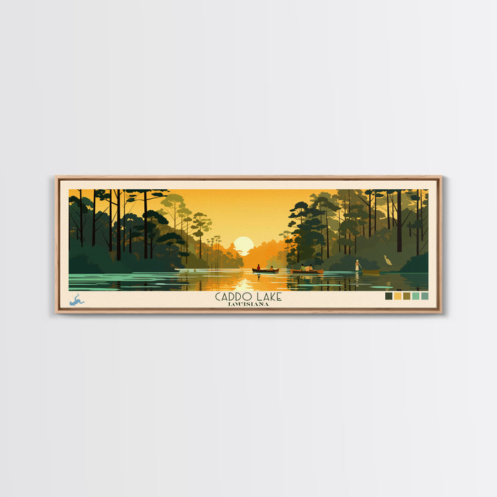 Caddo Lake Louisiana Framed Canvas Print, Pop Art Panoramic Travel Poster, Midcentury Modern, Wall Art, Scenic Nature Painting, Bedroom Decor