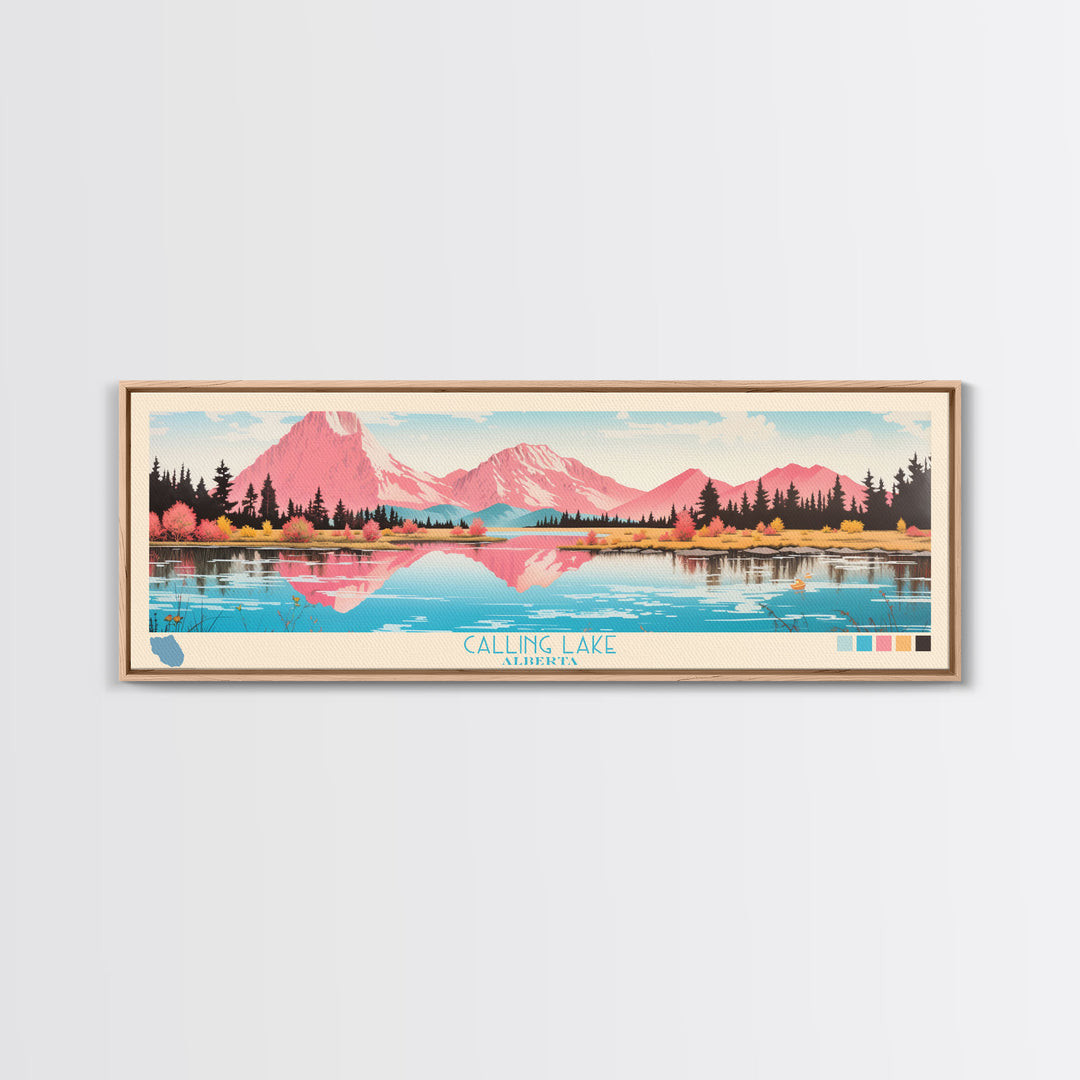 Calling Lake Alberta Framed Canvas Print, Midcentury Modern Panoramic Wall Art, Living Room Decor, Pop Art, Travel Poster Art, Scenic Nature Painting