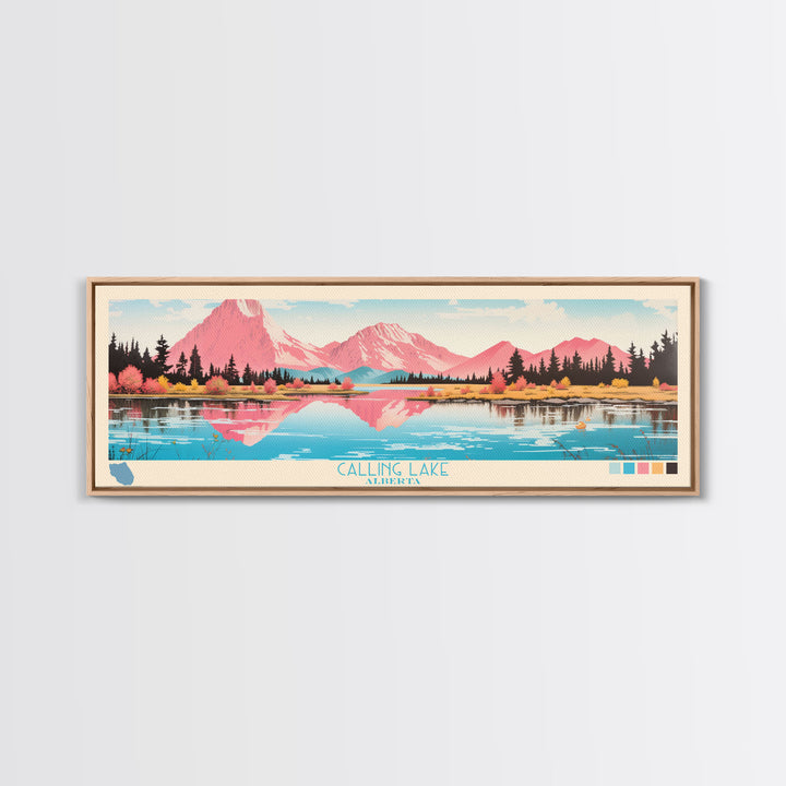 Calling Lake Alberta Framed Canvas Print, Midcentury Modern Panoramic Wall Art, Living Room Decor, Pop Art, Travel Poster Art, Scenic Nature Painting