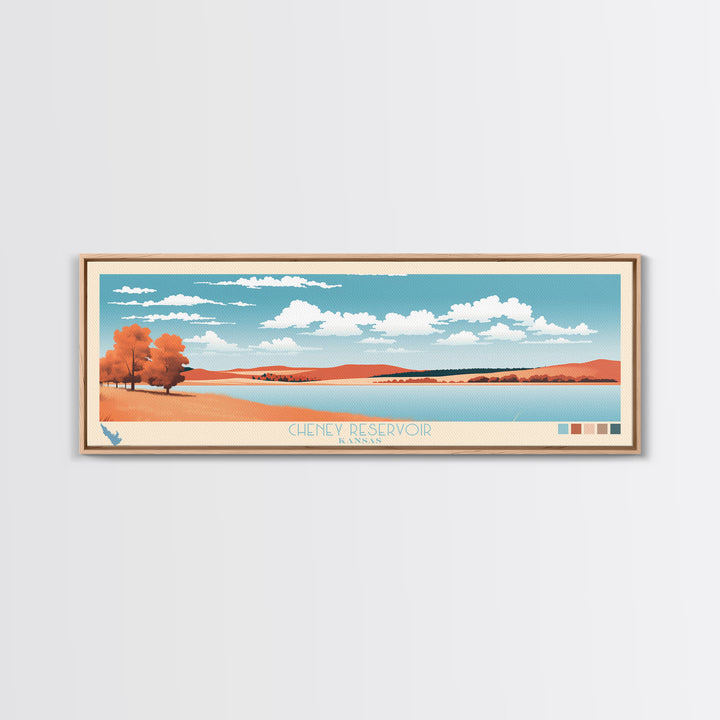 Cheney Reservoir Kansas Framed Canvas Print, Midcentury Modern Panoramic Wall Art, Living Room Decor, Pop Art, Travel Poster Art, Scenic Nature Painting, Lake House Decor