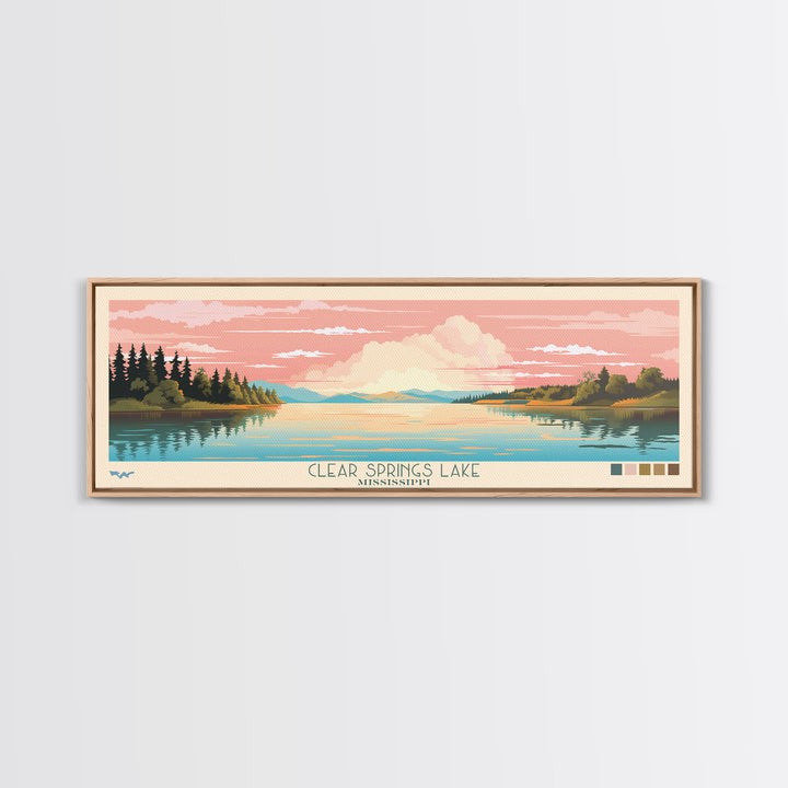 Clear Springs Lake Mississippi Framed Canvas Print, Pop Art Panoramic Travel Poster, Midcentury Modern, Wall Art, Scenic Nature Painting, Bedroom Decor, Living Room Art