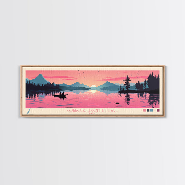 Cobbosseecontee Lake Maine Framed Canvas Print, Midcentury Modern Panoramic Wall Art, Living Room Decor, Pop Art, Travel Poster Art, Scenic Nature Painting, Lake House Decor