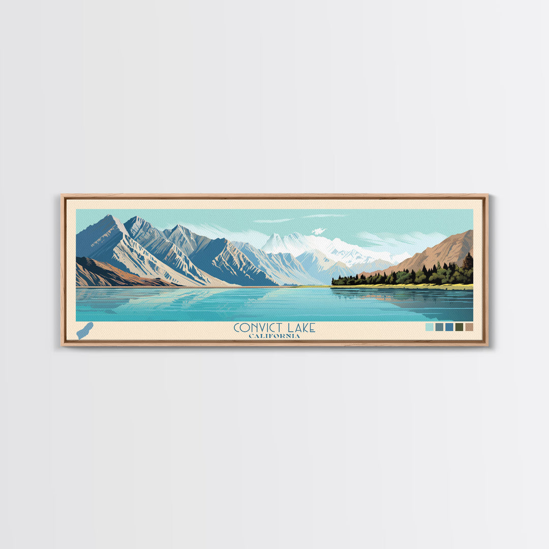 Convict Lake California Framed Canvas Print, Midcentury Modern Panoramic Wall Art, Living Room Decor, Pop Art, Travel Poster Art, Nature Art, Lake House Decor