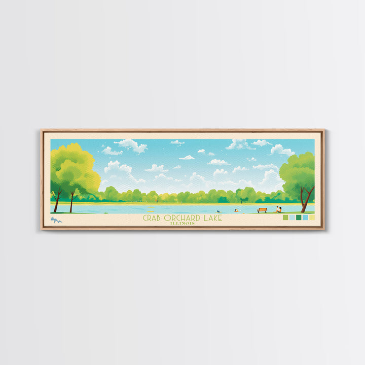 Crab Orchard Lake Illinois Framed Canvas Print, Midcentury Modern Panoramic Wall Art, Living Room Decor, Pop Art, Travel Poster Art, Scenic Nature Painting, Lake House Decor