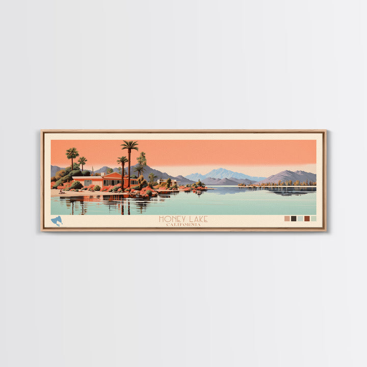 Honey Lake California Framed Canvas Print, Panoramic Art, Midcentury Modern, Pop Art, Living Room Wall Art, Travel Poster, Nature Decor