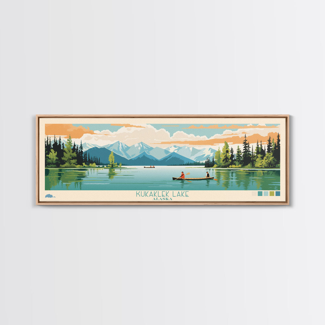 Kukaklek Lake Alaska Framed Canvas Print, Panoramic Wall Art, Midcentury Modern, Pop Art, Living Room Decor, Travel Poster, Bedroom Art