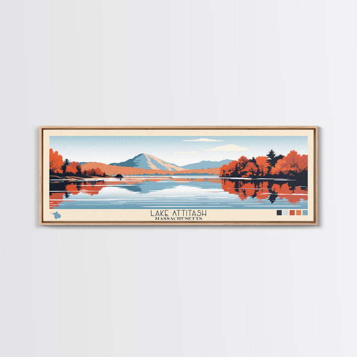 Lake Attitash Massachusetts Framed Canvas Print, Panoramic Wall Art, Midcentury Modern, Pop Art, Bedroom Decor, Travel Poster, Living Room Art