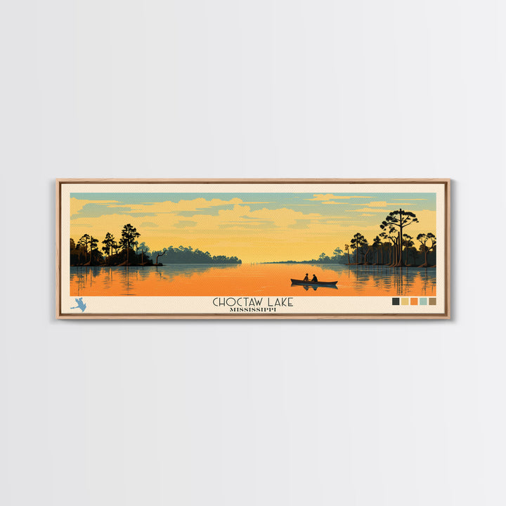 Lake Choctaw Framed Canvas Print, Panoramic Art, Midcentury Modern, Pop Art, Living Room Wall Art, Travel Poster, Lake House Decor