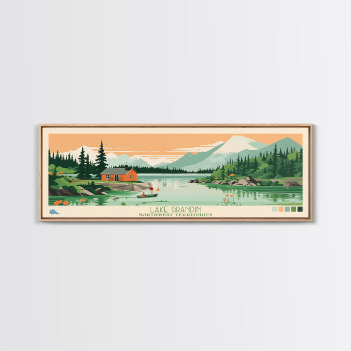 Lake Grandin Northwest Territories Framed Canvas Print, Panoramic Art, Midcentury Modern, Pop Art, Living Room Wall Art, Travel Poster, Lake House Decor