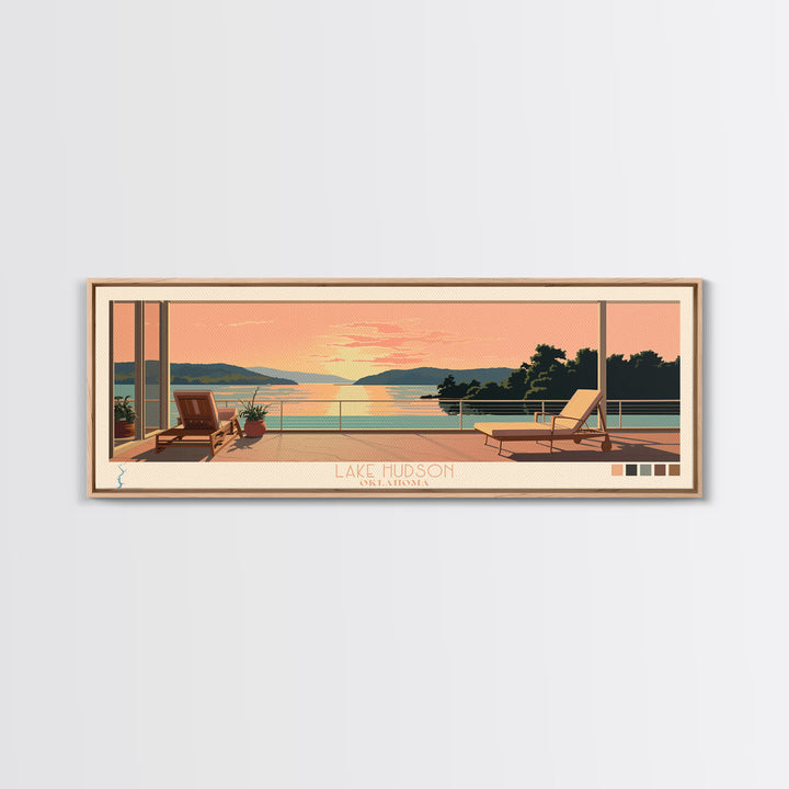 Lake Hudson Oklahoma Framed Canvas Print, Panoramic Wall Art, Midcentury Modern, Pop Art, Lake House Art, Travel Poster, Bedroom Decor