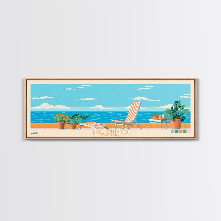 Lake Ontario New York Framed Canvas Print, Panoramic Wall Art, Midcentury Modern, Pop Art, Bedroom Art, Travel Poster, Lake House Decor