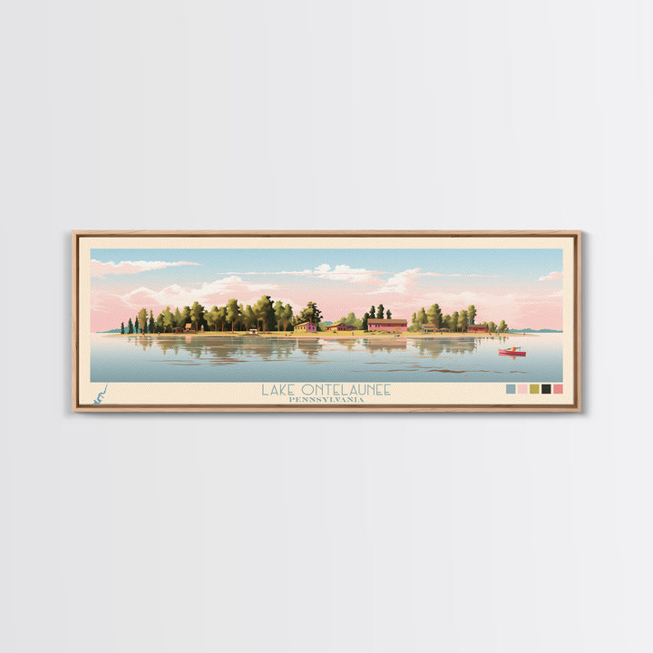 Lake Ontelaunee Pennsylvania Framed Canvas Print, Panoramic Wall Art, Midcentury Modern, Pop Art, Living Room Decor, Travel Poster, Lake House Art