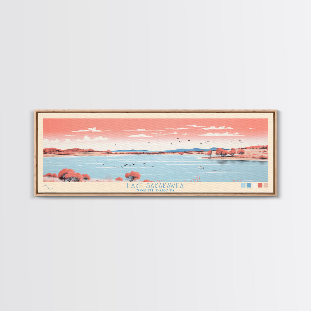 Lake Sakakawea North Dakota Framed Canvas Print, Panoramic Wall Art, Midcentury Modern, Pop Art, Living Room Decor, Travel Poster, Lake House Art