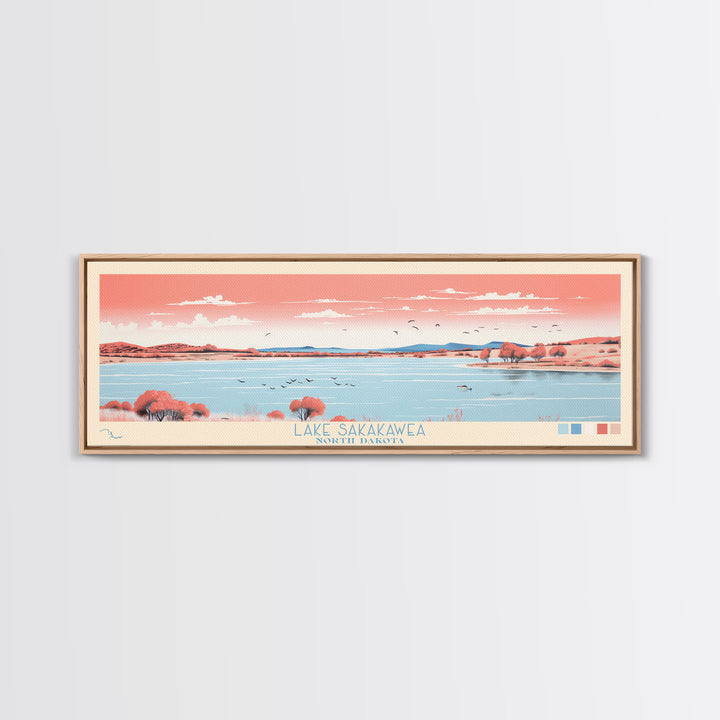 Lake Sakakawea North Dakota Framed Canvas Print, Panoramic Wall Art, Midcentury Modern, Pop Art, Living Room Decor, Travel Poster, Lake House Art