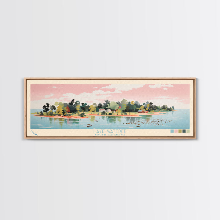 Lake Wateree, South Carolina Panoramic Wall Art Framed Canvas Print, Midcentury Modern, Pop Art, Home Decor, Travel Poster, Living Room Art