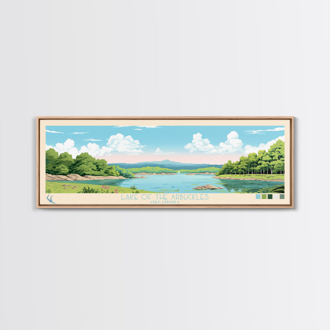 Lake of the Arbuckles Oklahoma Framed Canvas Print, Panoramic Wall Art, Midcentury Modern, Pop Art, Bedroom Art, Travel Poster, Lake House Decor